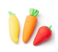 Urtioty 3 Pcs Cute Fruit Erasers for Kids, Carrot Strawberry Mango Shaped Pencil Eraser, Long Lasting Children's Rubber Eraser for School, Party Bag Fillers & Gifts