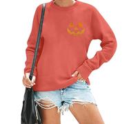 Urvatac Halloween Pumpkin Face Sweatshirt Women Spooky Fall Embroidered Crewneck Sweater Long Sleeve Halloween Pullover Top, Orange, XL