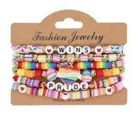 URVIP 6Pcs Rainbow Clay Heishi Beads Bracelet Set for Women Men, Boho Stackable Elastic Beaded Jewelry with Pride/Wins/Love Charms, Colorful LGBTQ+ Support Accessories, Summer Beach Friendship Gifts