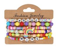 URVIP 6Pcs Rainbow Clay Heishi Beads Bracelet Set for Women Men, Boho Stackable Elastic Beaded Jewelry with Pride/Wins/Love Charms, Colorful LGBTQ+ Support Accessories, Summer Beach Friendship Gifts