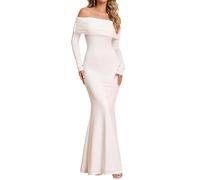 URYIAO Women Off The Shoulder Long Sleeve Maxi Dress Ruched Bodycon Winter Formal Wedding Guest Dresses, White, S