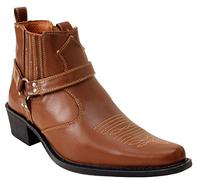US BRASS Mens Eastwood Slip On Harness Twin Gusset Western Heel Cuban Ankle Heel Cowboy Boots UK Sizes 7-12 (UK 9, Tan)