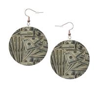 Us Dollar Currency Money Print Piercing Round Leather Earrings Set 1 Pair Stylish Leather Earrings Dangle Hoop For Women Jewelry Gifts