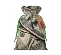 US Dollar Currency Money Printed Christmas Drawstring Bags Reusable Xmas Bag for Party Xmas Gift Wrapping, Green Ribbon, M