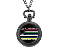 US Flag No One Fights Alone First Responder Vintage Pocket Watch Alloy Pendant Watches Necklace Gift for Men Women Black-Style