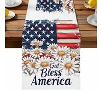 US Flag Table Runner, Dog Bless America Cotton and Table Linen Runner for Kitchen Dining Home Decor for Party Festival Holiday Decoration Gift 13x60in