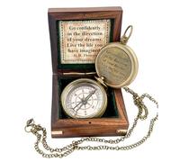 US HANDICRAFTS Engraved Antique Brass Compass with Woden Case - “Go Confidently” Inspirational Quote Compass - Vintage Nautical Gift for Hiking, Camping & Graduation
