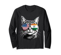 US Indian Cat Sunglasses Design India USA Flag Long Sleeve T-Shirt