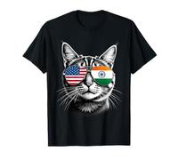 US Indian Cat Sunglasses Design India USA Flag T-Shirt