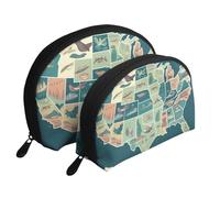 Us Map Seashore Portable Shell Makeup Bag Set (2 Pieces), Zippered Travel Toiletry Bag For Cosmetics