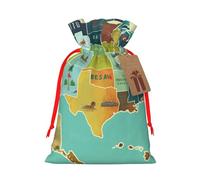 US Map Seashore Printed Christmas Drawstring Bags Reusable Xmas Bag for Party Xmas Gift Wrapping, Red Ribbon, M