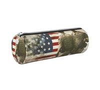 US Military Soldiers Patriotic Memorial Day Print Leather Pencil Case Portable Round Pencil Pouch with Silver Zip Multifunctional Pencil Holder Pouch Stationery Pen Bag for Teen Girls and Boys