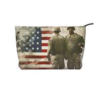 US Military Soldiers Patriotic Memorial Day Printed Corduroy Makeup Bag for Women Cute Make up Bag Travel Cosmetic Bag with Wristlet