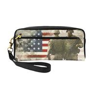US Military Soldiers Patriotic Memorial Day Printed Leather Makeup Bags with Wrist Strap Portable Travel Toiletry Bag Cosmetic Organizer Bag for Women