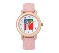 US & Portugal Flag Casual Women's Watch Slim Analog Display Quartz Wrist Watches with Leather Strap