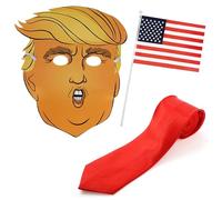US President Accessory Set - Caricature Mask with Hair, Red Tie, USA Hand-Waving Flag - Adults Celebrity Fancy Dress Costume Accessory Set