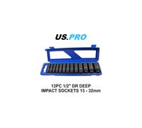 US PRO 13pc 1/2 Dr 12pt Deep Impact Sockets Metric 13 - 32mm 1683