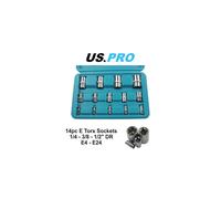 US PRO 14pc E-Torx Socket Set 1/4-3/8-1/2 in Drives (E4-E24), Chrome Vanadium, Knurled Grip, Blow Molded Case 1694