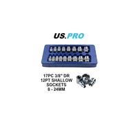 US PRO 3248 17pc 3/8 Dr Shallow Sockets 12 Point 8-24mm, Blue