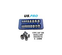 US PRO 17pc 3/8 dr Shallow Sockets Set, Socket 6 Point 8-24mm 1376