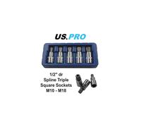 US PRO 5 Piece 1/2" Drive Spline Triple Square Bit Sockets M10 - M18