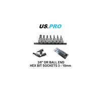 US PRO 7PC 3/8'' DR Ball End Hex/Allen Bit Sockets On Rail L: 48mm 2220