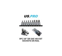 US PRO 9pc 3/8" dr SAE / Imperial Hex, Allen Bit Sockets Socket Rail