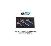 US PRO Industrial 3pc Stubby Ratchet Set 1/4, 3/8, 1/2 in - 90-Tooth, Cr-Mo HRC45-50, Red Quick Release, EVA Tray 4224