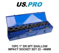 US PRO Tools 15pc 1" Dr 6pt Shallow Impact Socket Set 22-46mm 7545