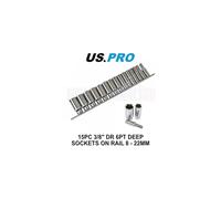 US PRO Tools 15pc 3/8" 6pt Deep Sockets Set On Rail 8 to 22mm 3648
