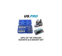 US PRO Tools 34pc Torx Bit & E-Socket Set 3/8" Dr T10 - T60 E4 - E20 Tamper Proof T10 - T55 3460