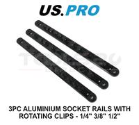 US PRO Tools 3pc Aluminium Socket Rail Set with Rotating Clips 1/4" 3/8" 1/2" 7236