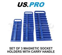US PRO Tools 3pc Magnetic Socket Holder Set 1/4" 3/8" 1/2" Drive with Carry Handle 6925