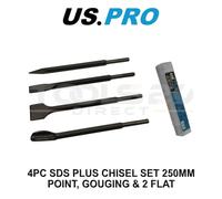 US PRO Tools 4PC SDS Plus Chisel Set 250MM - Point, Gouging & 2 Flat 7218