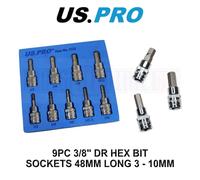 US PRO Tools 9PC 3/8" DR Hex Allen Bit Sockets 48mm Long 3 - 10mm 2152
