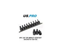 US PRO TOOLS 9pc 3/8" Drive Impact Torx Bit Sockets T20-T55 (3999) Cr-Mo, Heat Treated, Black Phosphate, 40mm on Storage Rail