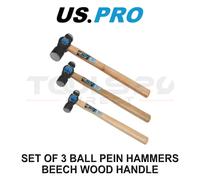 US PRO Tools Set of 3 Ball Pein Hammers - Beech Wood Handle 4533