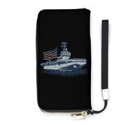 US Ship Naval Boat with American Flag Slim Wallet for Women Long Purse Cute Clutch Wristlet Handbag Card Holders
