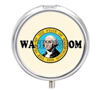 US Washington State Seal Round Pill Organizer | Mini 3 Compartment Portable Pill Box Push Button Travel Medication Case for Men Women