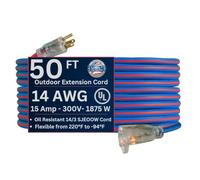 US Wire 98050 14/3 50-Foot SJEOW TPE Cold Weather Extension Cord Blue with Lighted Plug by US Wire and Cable