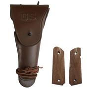 US WW2 .45 Brown Hip M1911 Colt Pistol Leather Hip Holster with M1911 / 1911 .45 Walnut Wood Pistol Grips - Reproduction (Combo) (DARK BROWN)