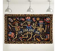 USA 250 Celebration Backdrop, Fun Skeletons Party Decorations, Black and Colorful Festive Background for Photography, Independence Day and Halloween Events 71x43 Inch