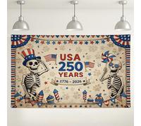 USA 250 Years Backdrop, Vintage Skeleton Celebration Decorations, Red Blue Fun Party Background for Photography Events, Independence Day 2026 71x43 Inch