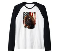 USA 4th July American Flag Bison Lover Raglan Baseball Tee