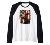 USA 4th July American Flag Moose Lover Raglan Baseball Tee