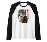 USA 4th July American Flag Wolf Lover Raglan Baseball Tee