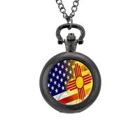 USA and New Mexico State Flag Vintage Pocket Watch Alloy Pendant Watches Necklace Gift for Men Women Black-Style