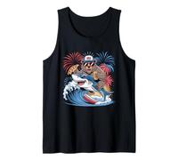 USA Bear Riding Shark Fireworks Pizza Tank Top