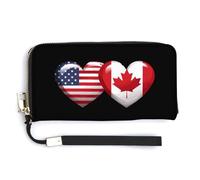 USA Canada Heart Country Flag American Canadian Leather Wallet Fashion Purse Long Pouch with Wrist Strap for Men Women