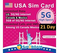USA Canada Mexico T-Mobile SIM Card | Unlimited 5G/4G LTE Data in USA + 5GB of 5G/4G Data in Canada and Mexico | Unlimited Calls & SMS Among US, Canada & Mexico (21 Days) | Refillable!